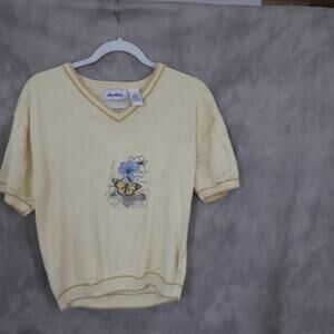 Vintage Le Moda Short-Sleeve Knit Top with Butterfly & Floral Embroidery